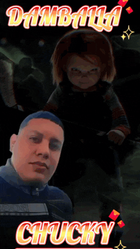 a man is standing next to a chucky doll on a dark background