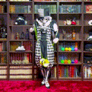 a clown is standing in front of a bookshelf with a sign on it that says circus