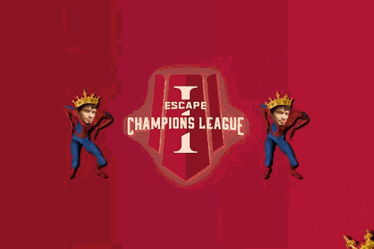 a poster for the escape champions league shows a man in a superhero costume