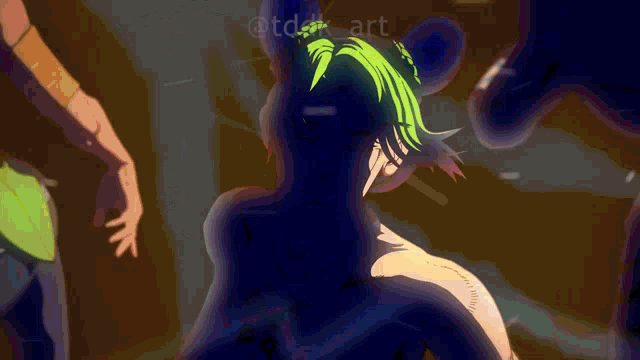 a drawing of a girl with green hair and a pink butterfly on her chest
