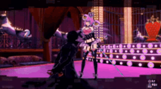 a man is kneeling down in front of a woman with a sword