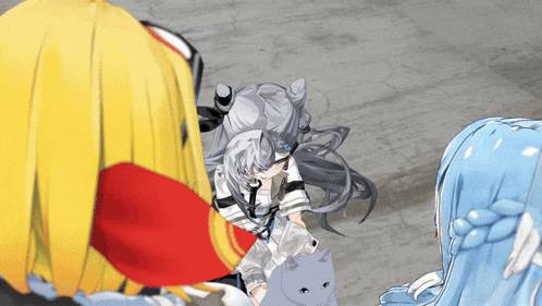 a group of anime characters are standing next to each other and one of them is holding a cat