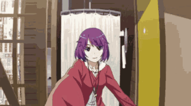 a girl with purple hair is standing in front of a white curtain