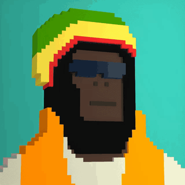 a pixel art drawing of a man wearing sunglasses and a rasta hat