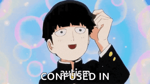 a cartoon of a boy scratching his head with the words `` confused in '' written above him .