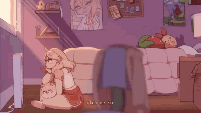 a cartoon drawing of a girl sitting on the floor with the words plus me in at the bottom