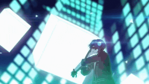a man is playing a violin in front of a building with a lot of lights .