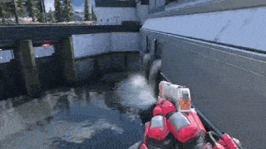 a person is holding a gun in a video game while standing in the water .