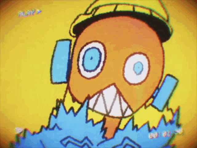a cartoon drawing of a monster with a yellow hat and a play button