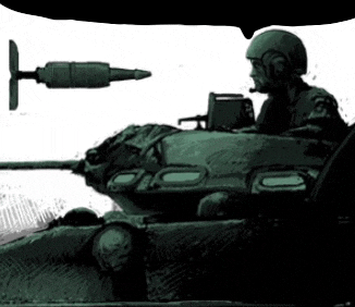 a drawing of a man in a tank with a bullet coming out of it