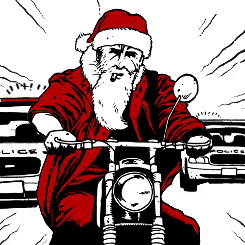 a drawing of santa claus riding a motorcycle with a police car in the background