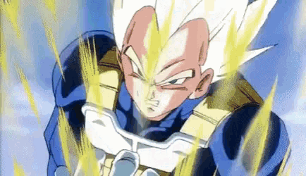 a close up of a cartoon character from dragon ball z with white hair and a blue jacket .