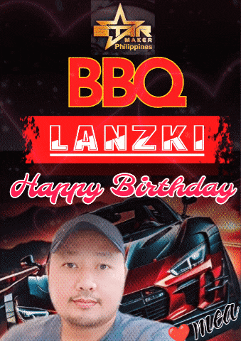 a bbq lanzki happy birthday sign with a man in a baseball cap