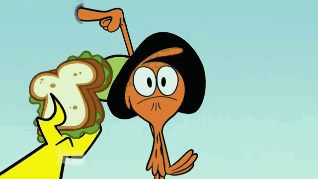a cartoon character holding a sandwich next to a cartoon character