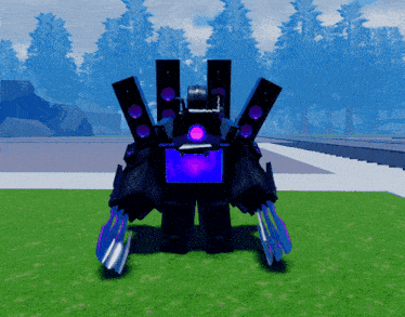 a robot with a purple box on its back is standing in a field