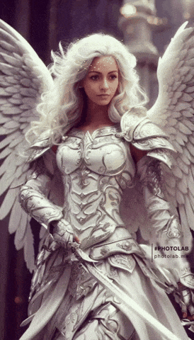 a woman dressed as an angel with a sword