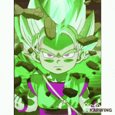 a cartoon of a boy with green hair and a purple shirt