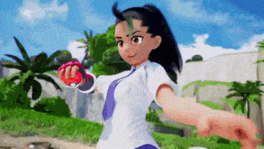 a girl in a white shirt and purple tie is holding a red pokemon ball