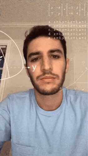 a man with a beard is taking a selfie with a mathematical equation on the wall behind him