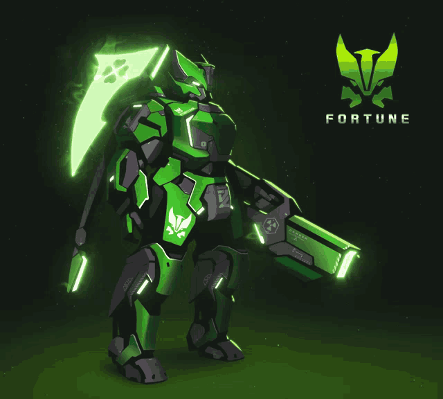 a green robot with a fortune logo on the bottom right