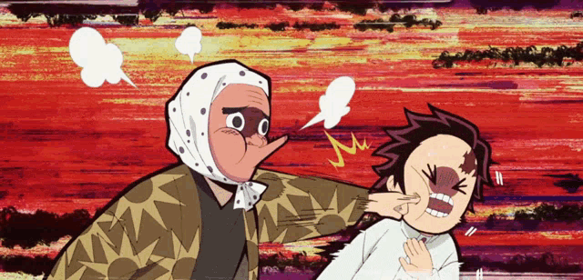 a man with a bandana on his head is being punched by a woman