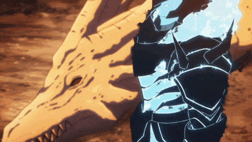 a drawing of a person standing next to a skull of a dragon