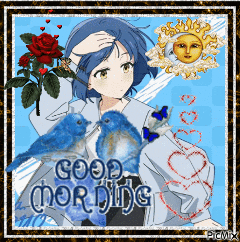 a picture of a girl with blue birds and the words good morning on it