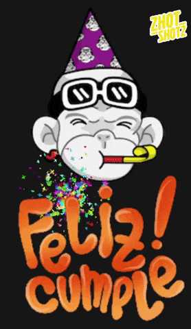 a monkey wearing sunglasses and a party hat with the words feliz cumple written in orange