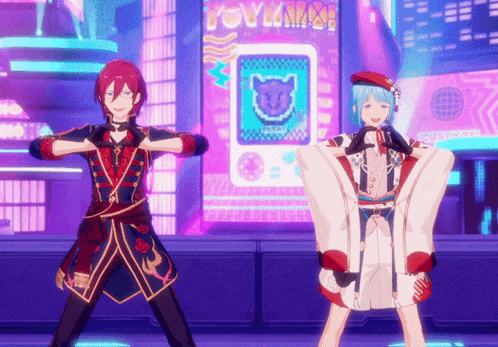 a couple of anime characters are dancing in front of a sign that says voyama