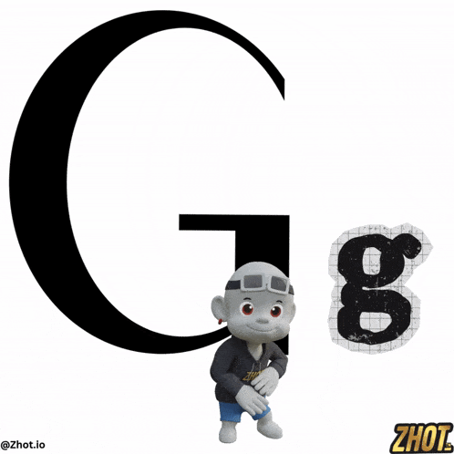 a cartoon character is standing in front of a large letter g