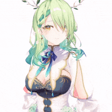 a close up of a green haired anime character
