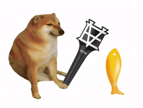 a dog is holding a microphone that says evane