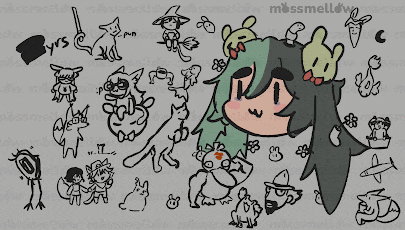 a drawing of a girl with green hair is surrounded by other drawings including a cat and a rabbit