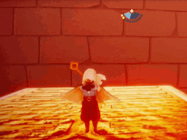 a cartoon character is standing in front of a brick wall in a video game