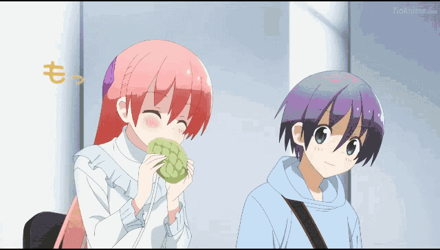 a girl with pink hair is eating a melon and a boy with purple hair is looking at her