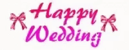 the words happy wedding are written in pink with bows .