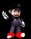 a cartoon character with a beard is wearing purple overalls and red shoes .