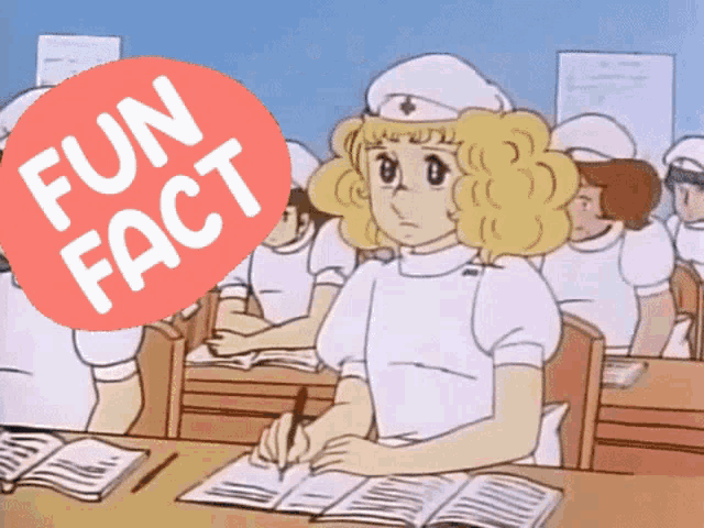 a cartoon of a nurse sitting at a desk with a fun fact sticker behind her