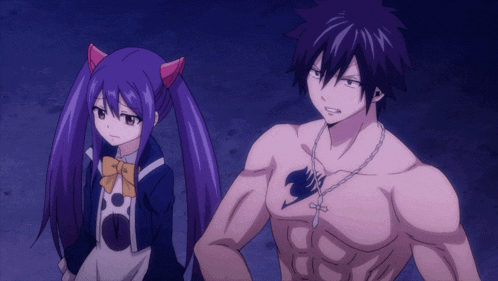 a man with a fairy tail tattoo on his chest stands next to a girl