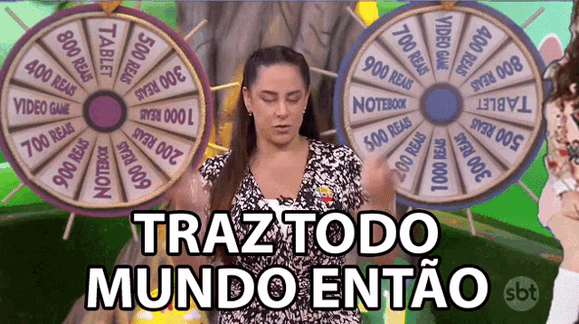 a woman stands in front of two spinning wheels with the words " traz todo mundo então " written on the bottom