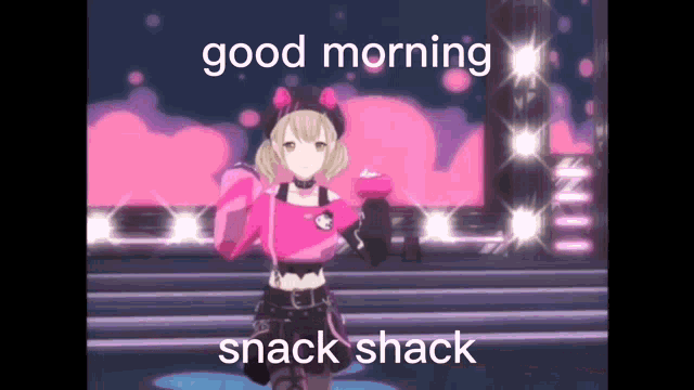 a girl is dancing on a stage with the words `` good morning snack shack '' written on it .