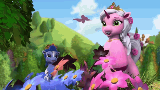 a pink unicorn and a blue unicorn are standing next to each other