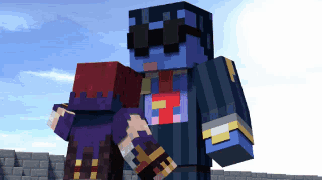 a couple of minecraft characters standing next to each other with one wearing sunglasses