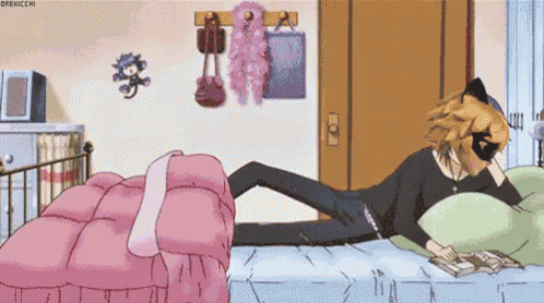 a man is laying on a bed in a bedroom with a cat mask on .