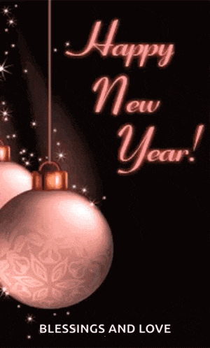 a happy new year greeting card with pink christmas balls hanging from a string .