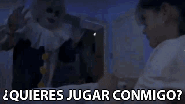 a creepy clown is standing next to a woman in a hospital bed and asking her if she wants to play with him