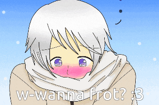 a drawing of a person with a scarf around their neck and the words w-wanna frot : 3