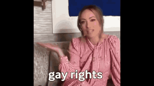 a woman in a pink and white striped shirt is sitting on a couch and saying `` gay rights '' .