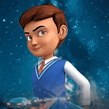 a cartoon boy in a blue vest and tie is smiling