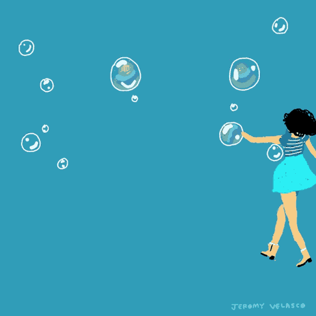 a cartoon of a woman playing with soap bubbles with the name jeromy velasco at the bottom